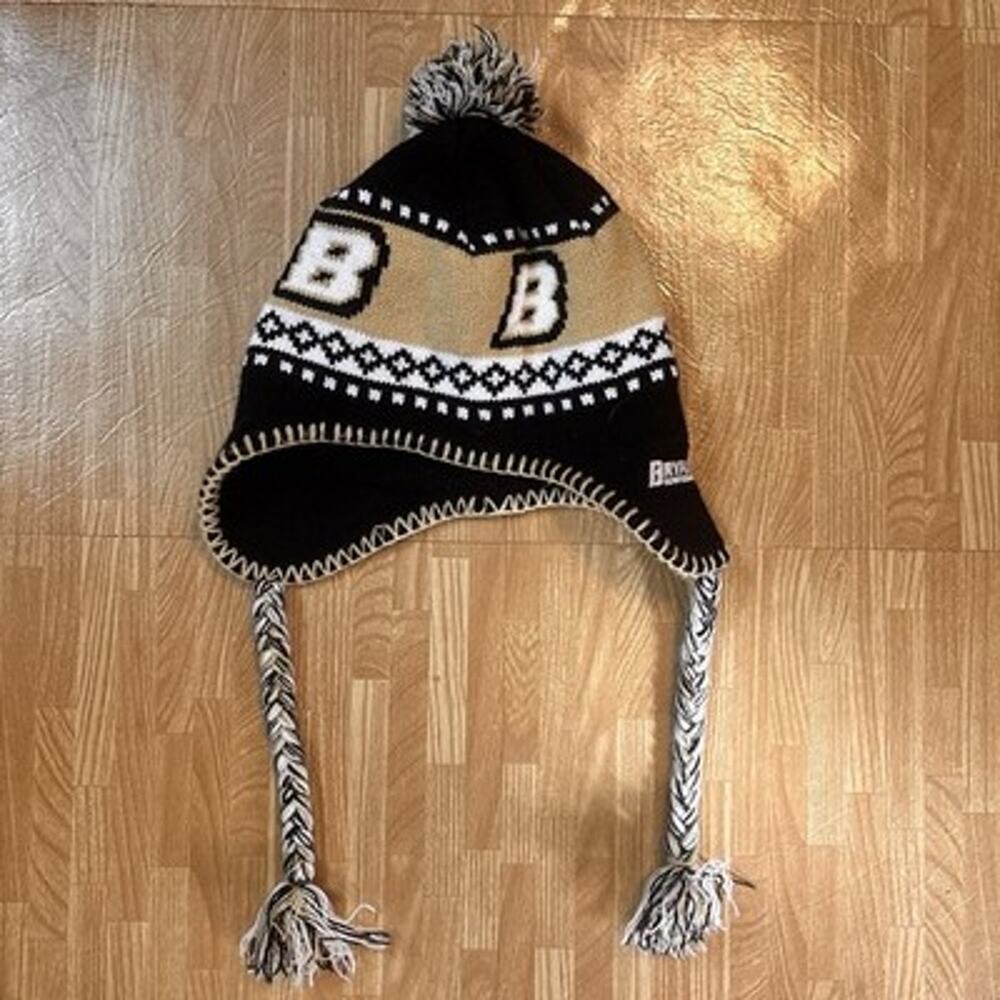 Bryant University Bulldogs Knit Trapper Hat Pom Ear Flap Tassel Black Tan NCAA